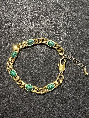 Frumos 18k Gold Plate Cuban Curb Chain Malachite Cabochon Bracelet
